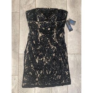 Sue Wong Nocturne Black Lace Beaded Strapless Cocktail Dress Champagne Sz 10 NEW